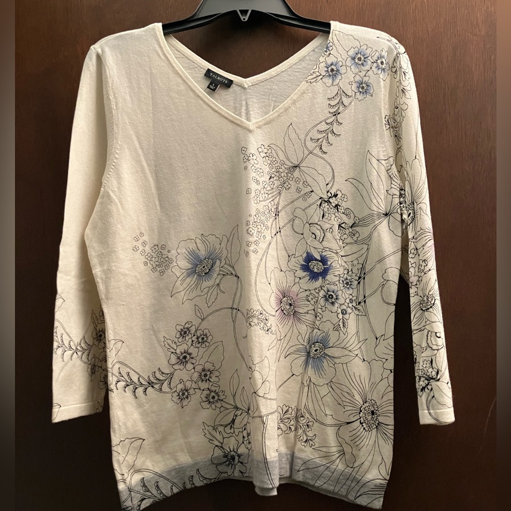 Talbots Lightweight V Neck Pullover Floral 3/4 Sleeve Sweater Size Large NWT
